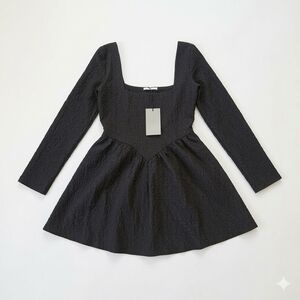 NWT Zara Black Textured Mini Dress - Dark Cottagecore Coquette Square Neck Large